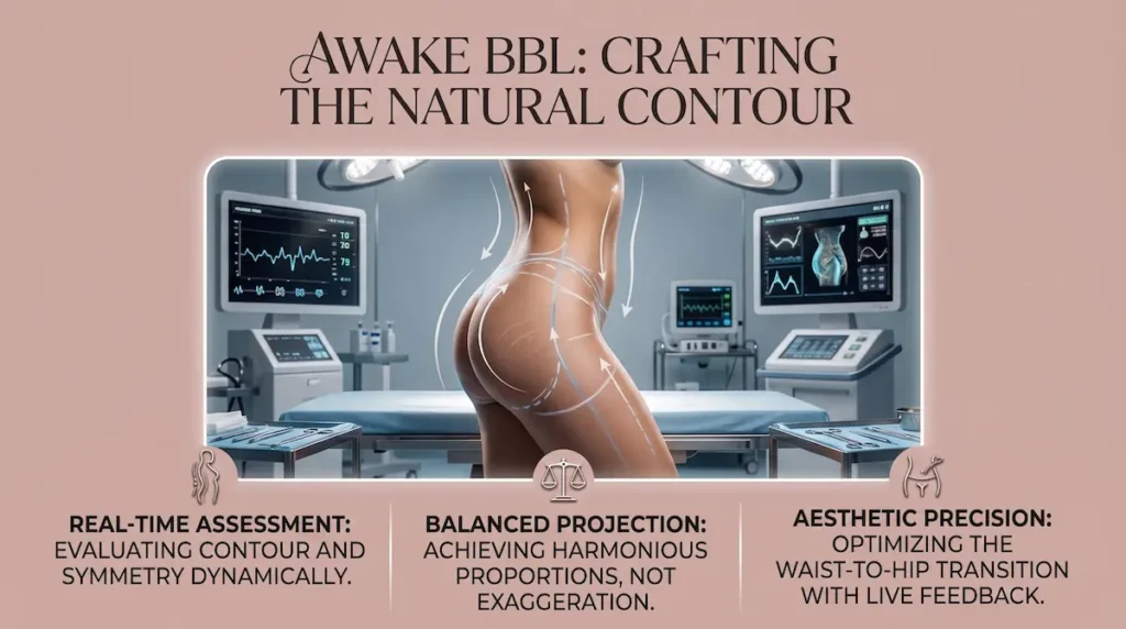 Natural looking awake BBL results visual showing real time contour and symmetry assessment in a clinical setting.