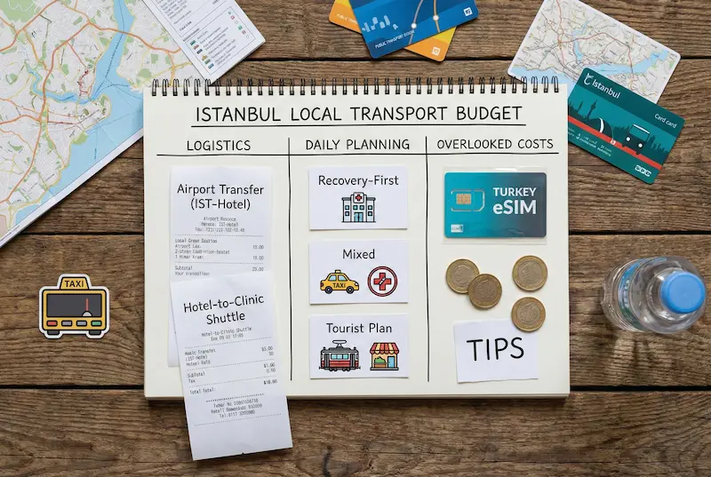 Istanbul local transport budget board showing airport transfer, hotel-to-clinic shuttle, daily planning options, and overlooked costs like eSIM, tips, and coins.