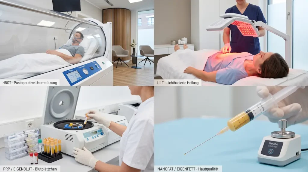 Regenerative Medizin Kosten Türkei: Übersicht zu HBOT, LLLT, PRP und Nanofat mit Druckkammer, Lichttherapie, Eigenblut und Eigenfett.