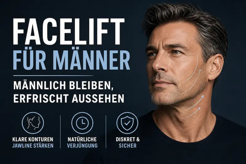 Coverbild zu facelift männer: markantes Männergesicht mit klarer Jawline, Koteletten und dezenten Lifting-Vektoren.