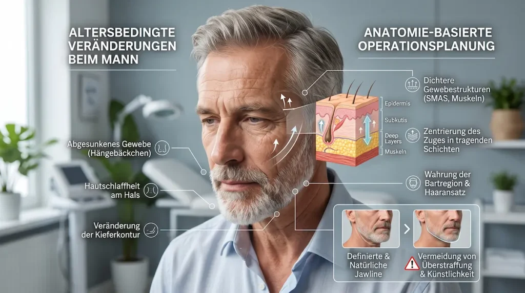 Infografik zu facelift männer mit altersbedingter Gewebeabsenkung, Halserschlaffung und anatomiebasierter OP-Planung.