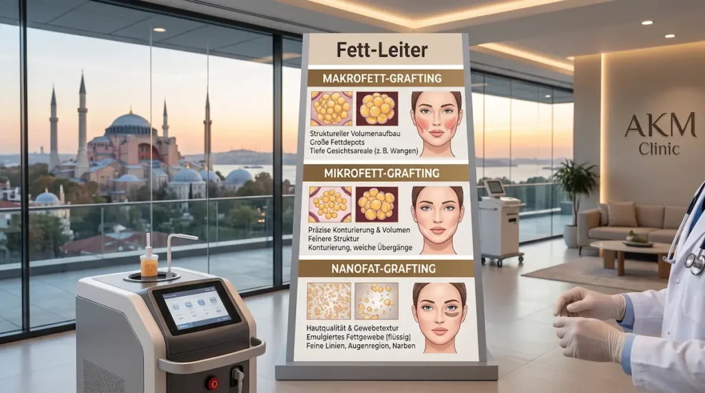 Nanofat Behandlung Türkei: Infografik zur Fett-Leiter mit Makrofett, Mikrofett und Nanofat für Gesicht und Hautqualität.
