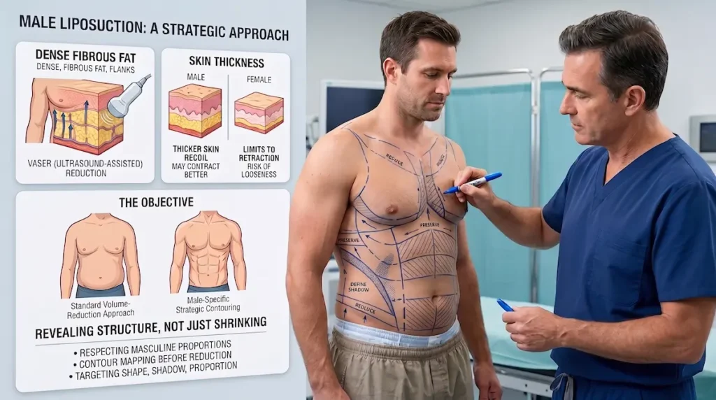 Male liposuction Turkey consultation showing surgeon marking a male torso for anatomy based athletic contouring and fat reduction.