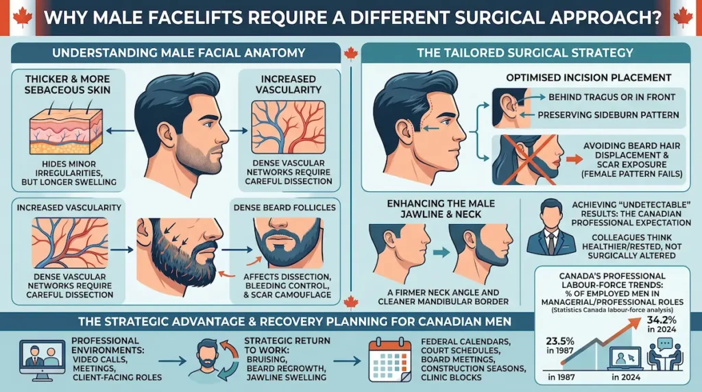 Male facelift techniques infographic showing male facial anatomy, beard follicles, sideburn preservation, and jawline contouring.