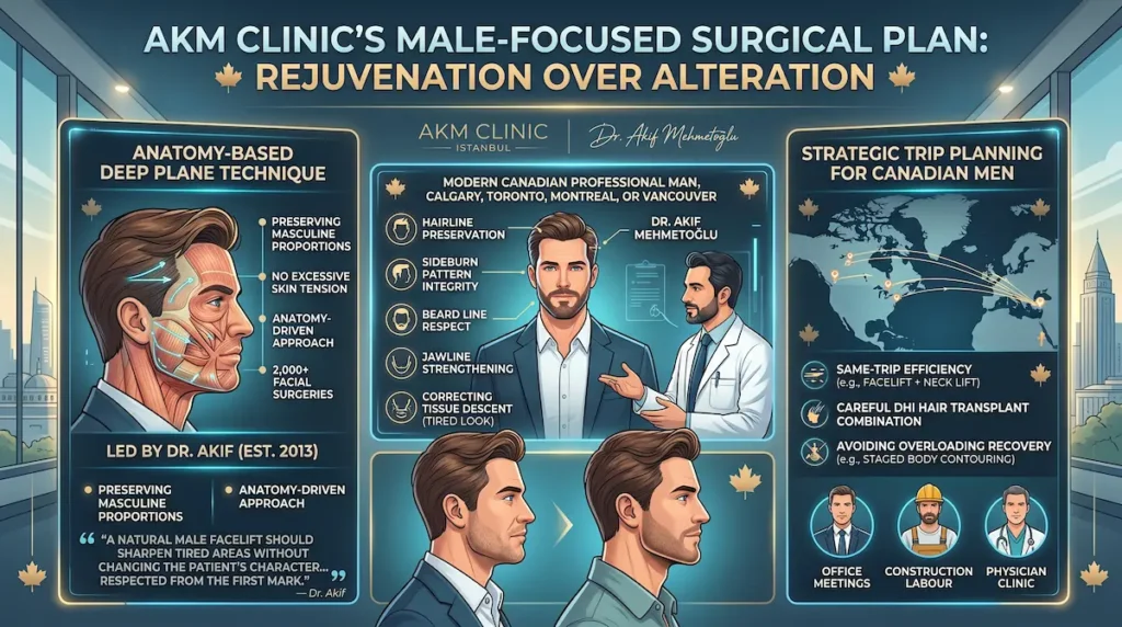 Male facelift techniques infographic showing AKM Clinic’s male focused surgical plan, sideburn preservation, beard line respect, and Canada trip planning.