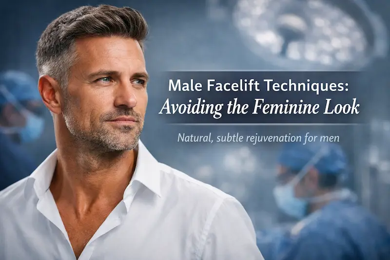 Male facelift techniques cover image showing a confident middle-aged man with a strong jawline and a natural male facial rejuvenation theme.