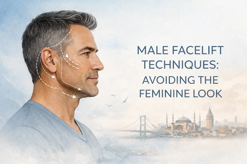 Male facelift techniques illustrated on a man’s profile with lift vectors, highlighting a natural, masculine result against an Istanbul skyline.