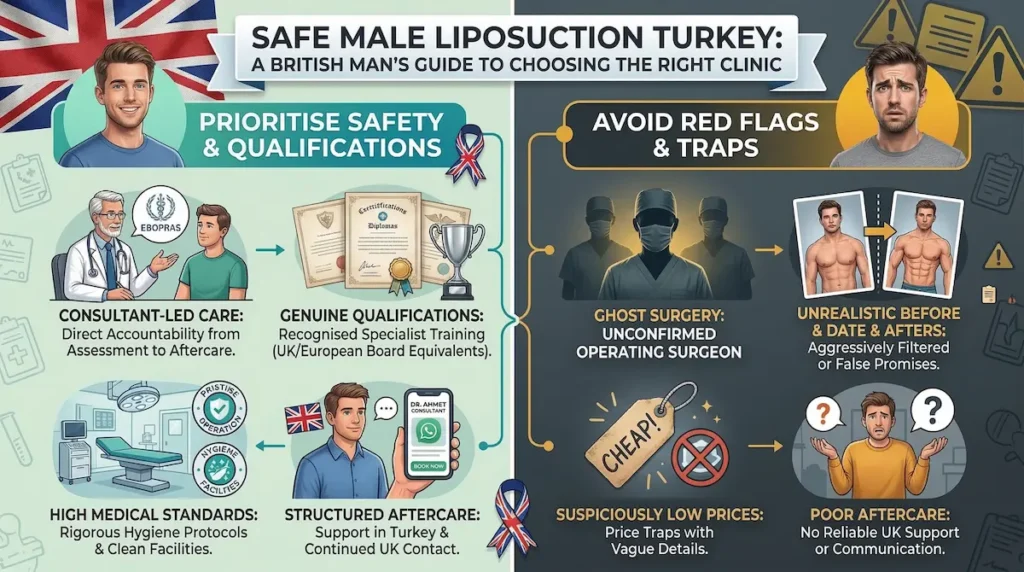 Male liposuction Turkey safety graphic for British men, showing qualifications, red flags, aftercare, and clinic selection guidance.