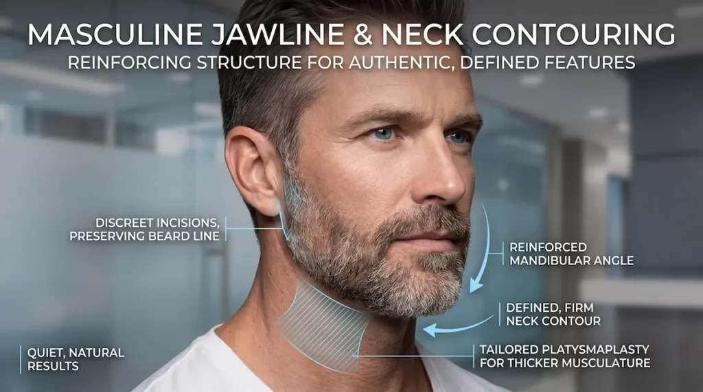 Male facelift techniques showing masculine jawline contouring, neck definition, beard line planning and discreet incisions.