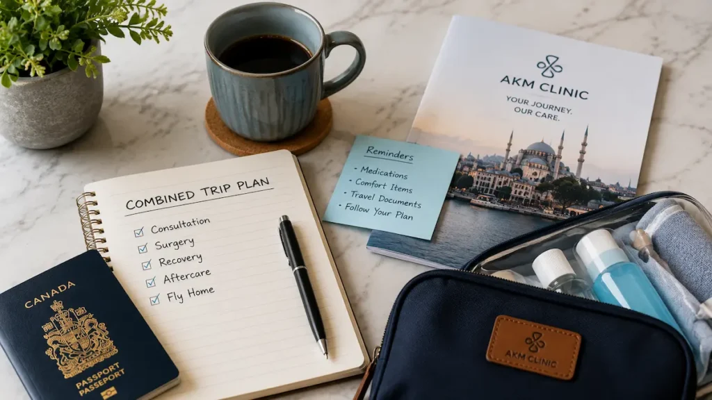 Hair transplant and facelift combo travel checklist with passport, aftercare plan, and recovery items for Canada.