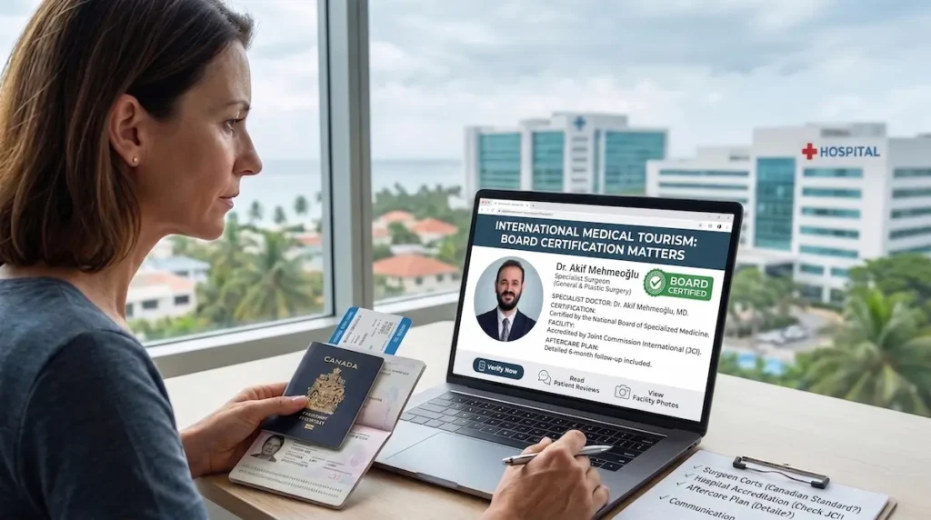 Canadian patient reviewing plastic surgeon board certification online before medical tourism surgery, with passport and checklist nearby.