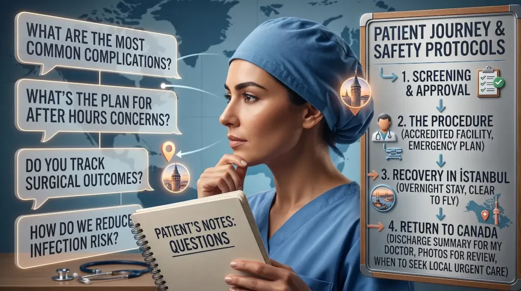 Patient reviews questions to ask plastic surgeon about complications, infection risk and after hours care before returning to Canada.