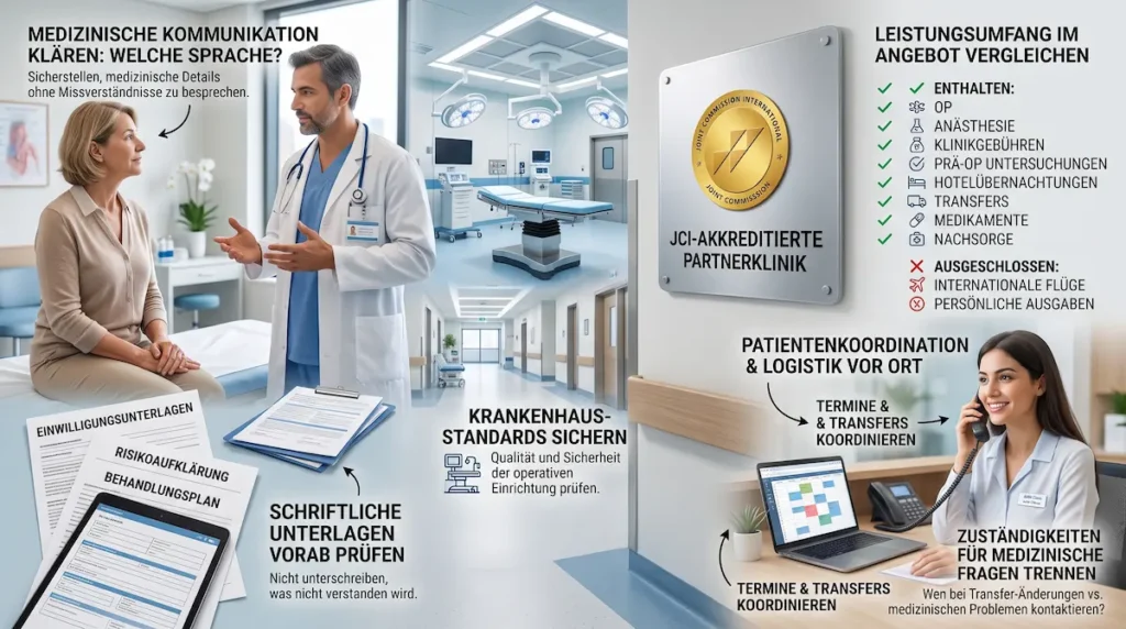 Infografik zu fragen an den chirurgen: Kommunikation, Klinikstandards, Leistungsumfang und Patientenkoordination in Istanbul.