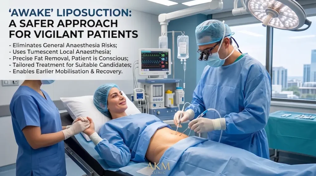 Awake lipo Turkey procedure under local anaesthesia with a conscious patient and consultant surgeon in a sterile operating theatre.