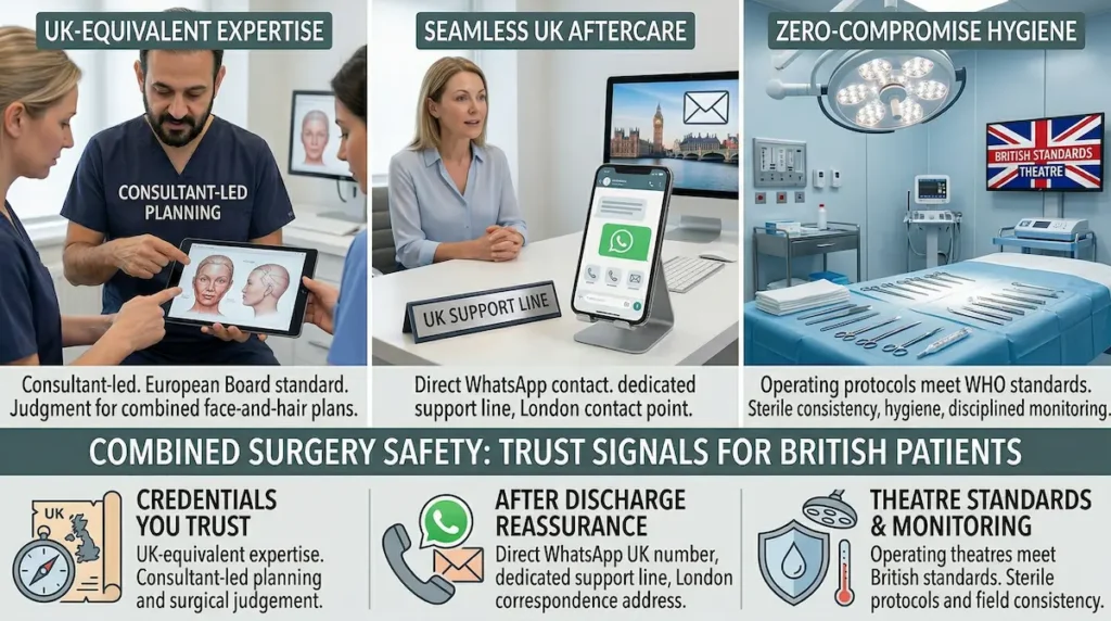 Hair transplant and facelift combo safety infographic showing consultant led planning, UK aftercare support, sterile theatre standards and trust signals for British patients abroad.