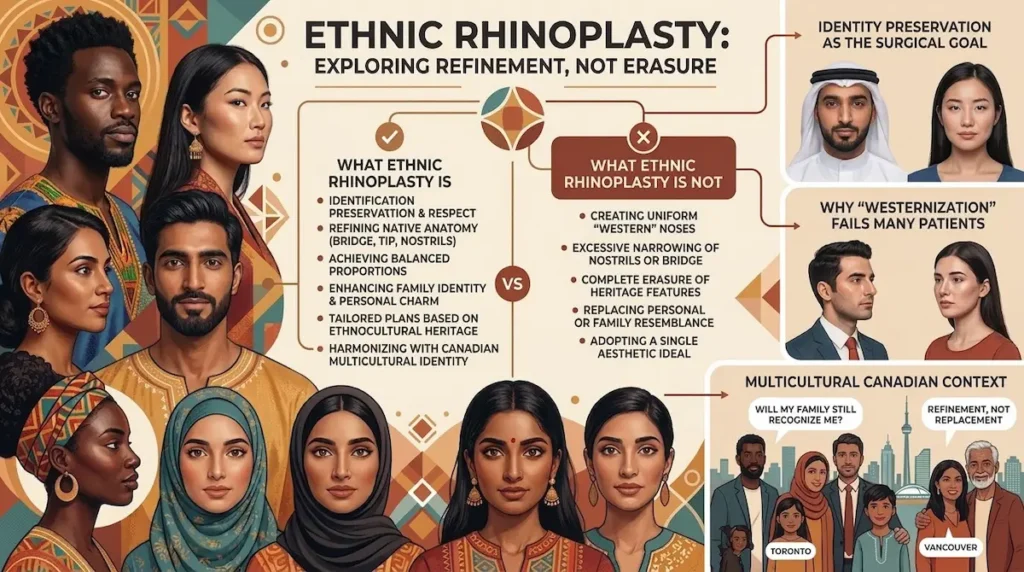 Ethnic rhinoplasty Turkey infographic showing what ethnic rhinoplasty is and is not for diverse Canadian patients.