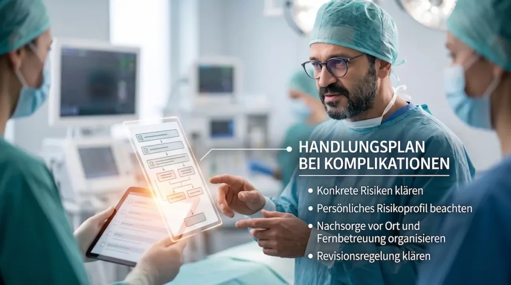 Infografik zu fragen an den chirurgen über Risiken, Komplikationen, Nachsorge und einen klaren Handlungsplan nach der OP.