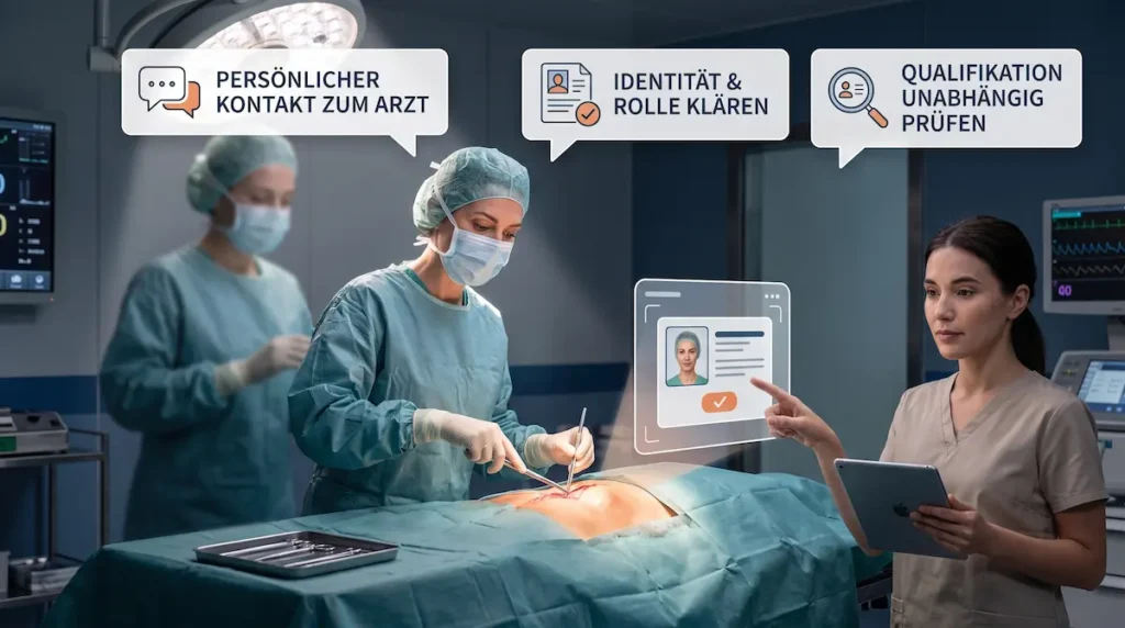 Ghost Surgery Türkei: OP-Team mit Checkliste zur namentlichen OP-Zusage, Rollenklärung und unabhängigen Qualifikationsprüfung.