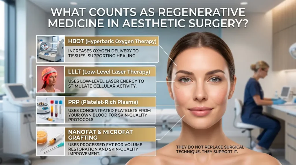 Regenerative medicine cost in Turkey visual explaining HBOT, LLLT, PRP, nanofat and microfat grafting in aesthetic surgery.