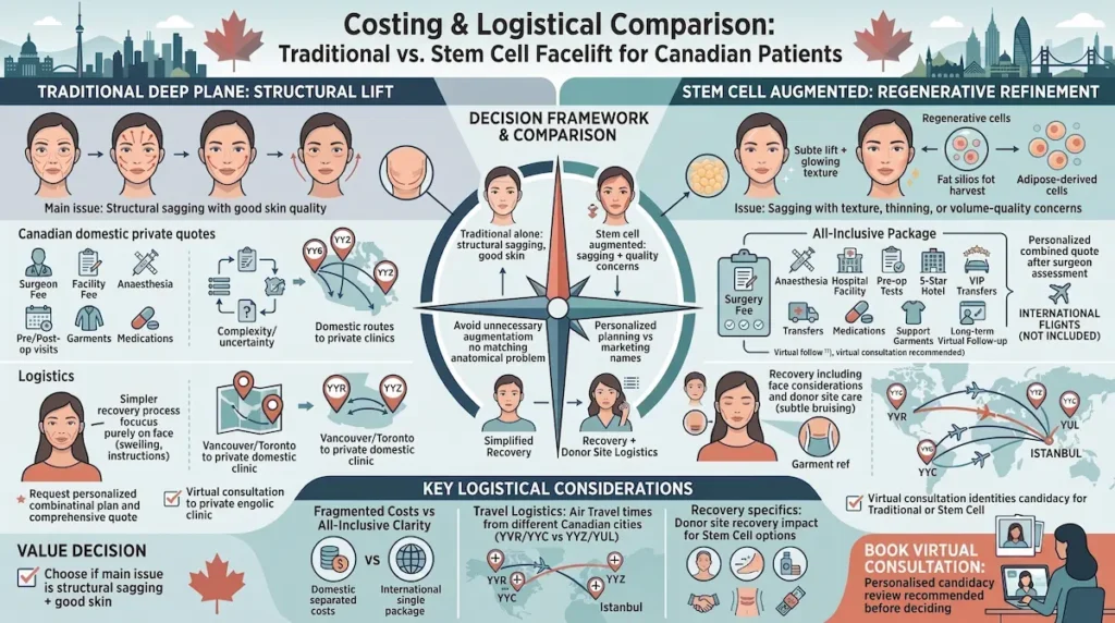 Infographic comparing cost and logistics for stem cell facelift vs traditional facelift options for Canadian patients planning treatment in Istanbul.