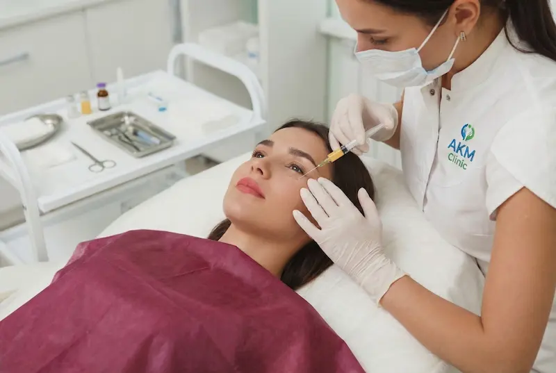 Clinician administering a precise facial injection during a nanofat grafting procedure step-by-step in a clinical setting