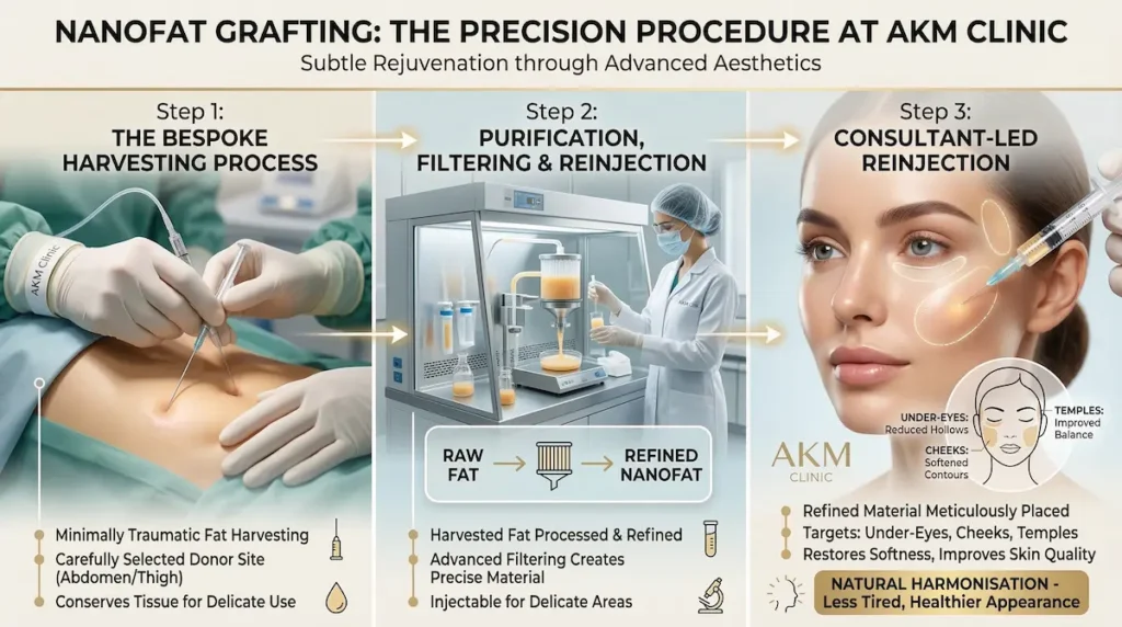 Nanofat grafting Turkey infographic showing harvesting, purification, filtering and reinjection steps at AKM Clinic.