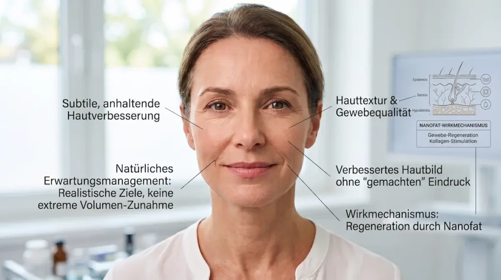 Nanofat Behandlung Türkei: Darstellung realistischer Ergebnisse mit subtiler Hautverbesserung und natürlichem Hautbild.