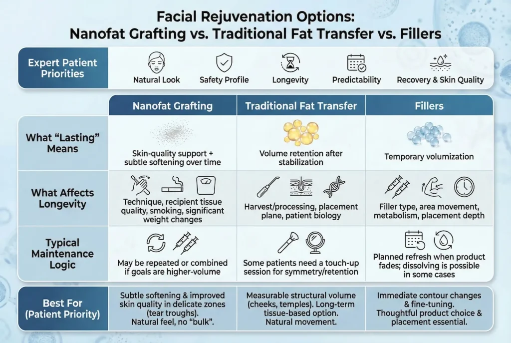 Comparison chart showing nanofat grafting vs traditional fat transfer vs fillers by safety, longevity, predictability, and recovery