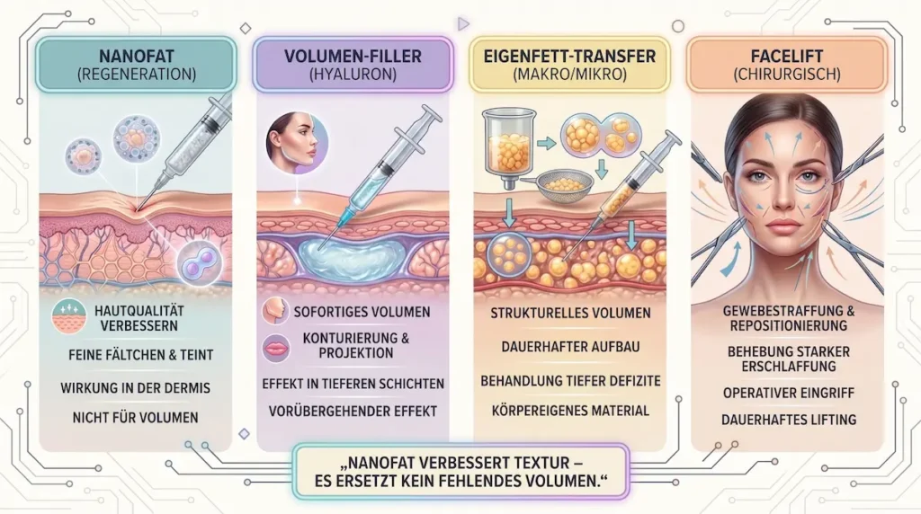 Nanofat Behandlung Türkei: Vergleich von Nanofat, Hyaluron-Filler, Eigenfett-Transfer und chirurgischem Facelift.