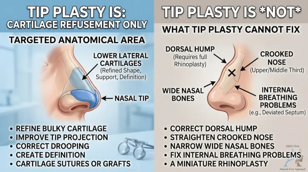 Tip plasty Turkey infographic showing nasal cartilage reshaping areas and concerns tip surgery cannot correct.