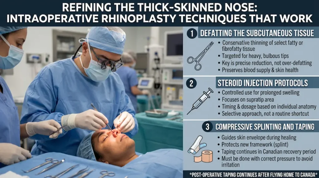 Thick skin rhinoplasty infographic showing subcutaneous defatting, steroid injections, splinting, and nasal taping.