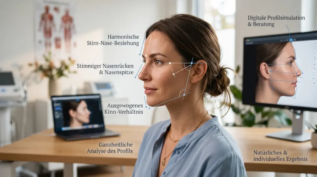 Höckernase OP Türkei: Digitale Profilanalyse von Nasenrücken, Nasenspitze und Kinn zur harmonischen Planung einer Nasenkorrektur.