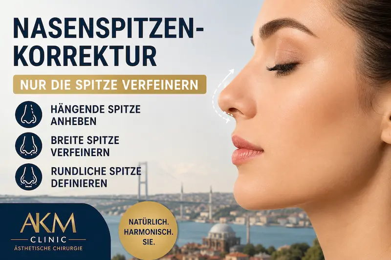 Nasenspitzenkorrektur Türkei: Profilansicht zur gezielten Verfeinerung einer hängenden, breiten oder rundlichen Nasenspitze.