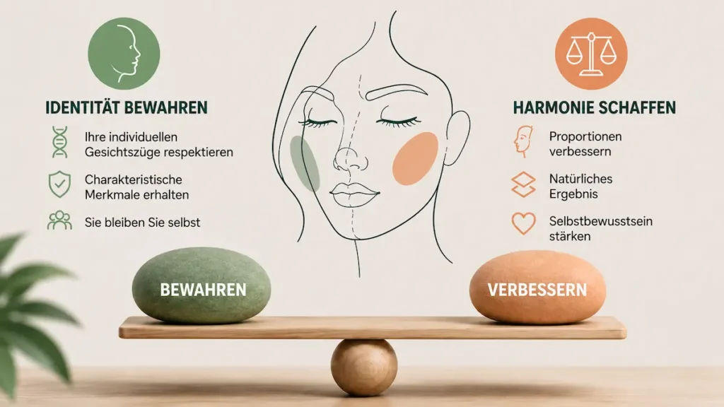 Ethnische Nasenkorrektur Türkei: Infografik zur Balance zwischen Identität bewahren und harmonischer Veränderung.