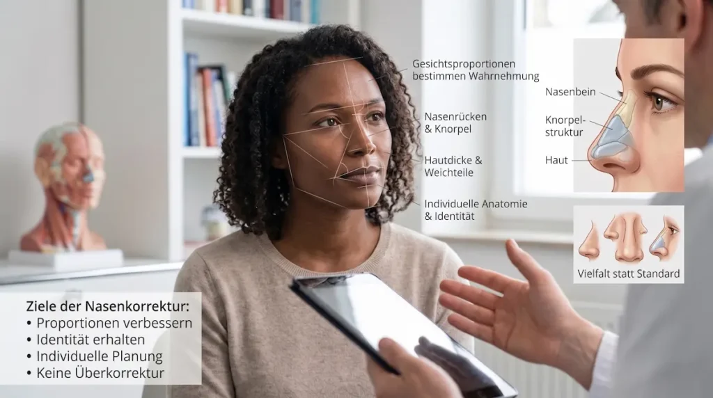 Ethnische Nasenkorrektur Türkei: Beratung zu Gesichtsproportionen, Hautdicke, Knorpelstruktur und individueller Anatomie.