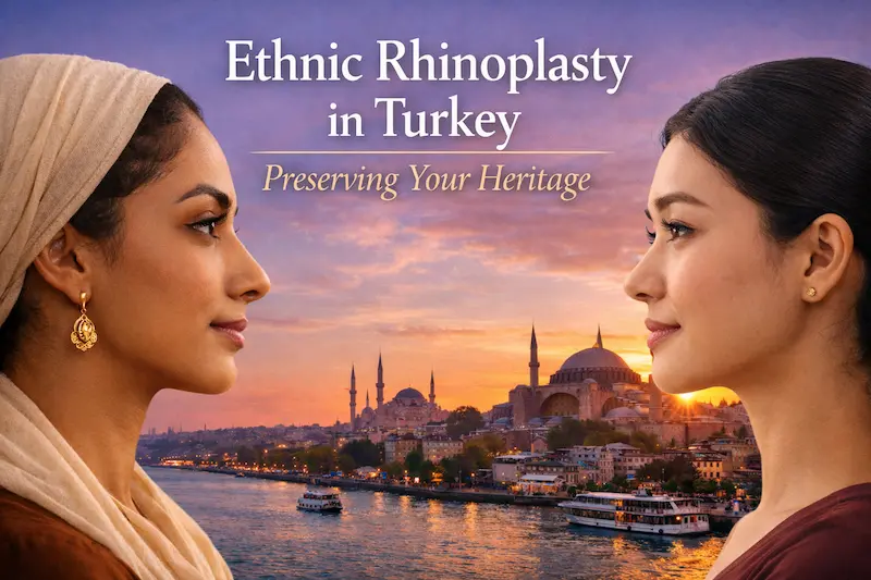 Ethnic rhinoplasty Turkey cover image with two women in profile over the Istanbul skyline, symbolising heritage preserving results.