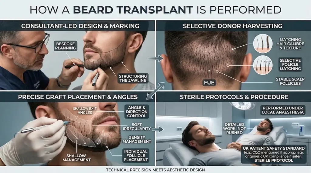 Beard transplant Turkey procedure image showing consultant-led beard design, donor harvesting, graft placement angles, and local anaesthesia.