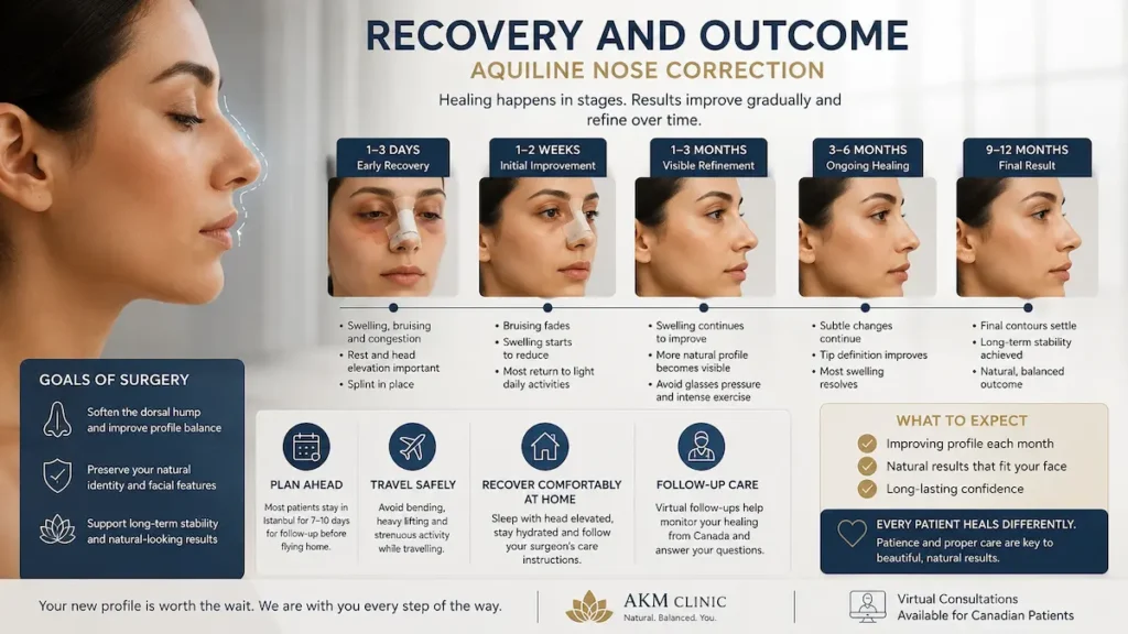 Recovery timeline graphic for arched nose surgery Turkey showing staged swelling reduction and aquiline nose refinement.