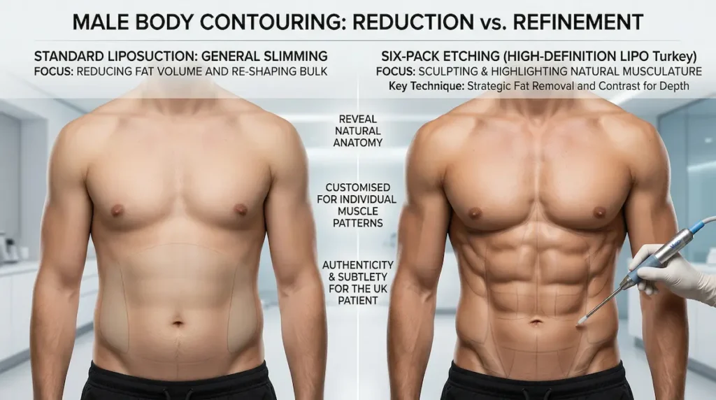 Male liposuction Turkey comparison image showing standard liposuction beside six-pack etching to explain refined abdominal definition.