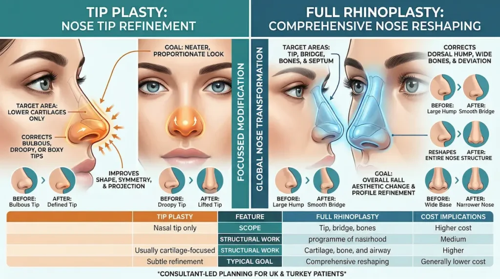 Infographic comparing tip plasty Turkey with full rhinoplasty, showing nose tip refinement, treatment areas, scope and recovery focus.