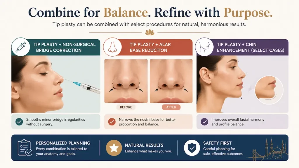 Tip plasty Turkey infographic showing combination options such as bridge correction, alar base reduction and chin enhancement.