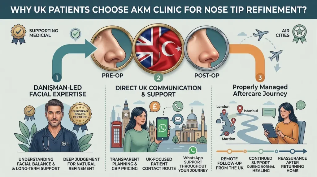 Infographic showing why UK patients choose AKM Clinic for tip plasty Turkey, including consultant-led expertise, direct UK communication and remote aftercare.