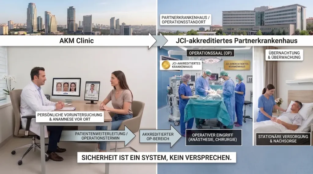 Deep Plane Facelift Klinik Türkei: Darstellung von AKM Clinic, persönlicher Voruntersuchung, OP im Partnerkrankenhaus und stationärer Nachsorge.