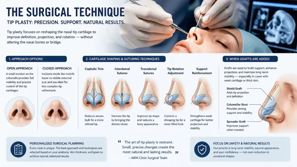 Tip plasty Turkey surgical technique infographic showing open and closed approaches, cartilage sutures, and nasal tip grafts.
