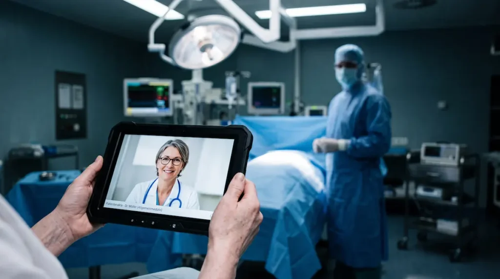 Ghost Surgery Türkei: Tablet mit Arztprofil im OP zeigt, warum die Identität des tatsächlichen Operateurs vorab geklärt werden sollte.