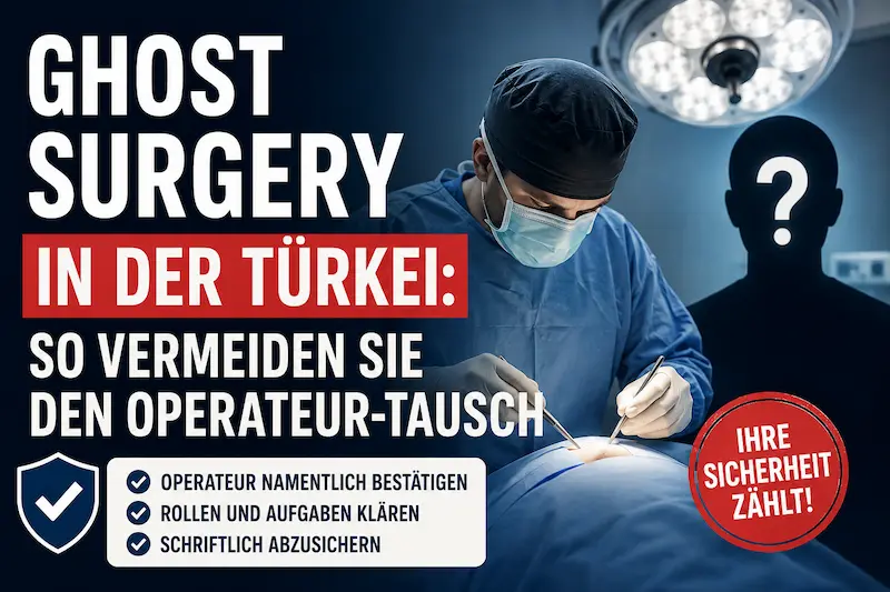 Ghost Surgery Türkei: Chirurg im OP mit Hinweisen auf Operateur-Tausch, schriftliche Bestätigung und klare Zuständigkeiten.