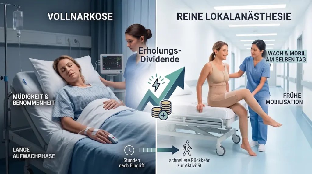 Awake Fettabsaugung Türkei: Vergleich von Vollnarkose und reiner Lokalanästhesie bei der frühen Erholung.