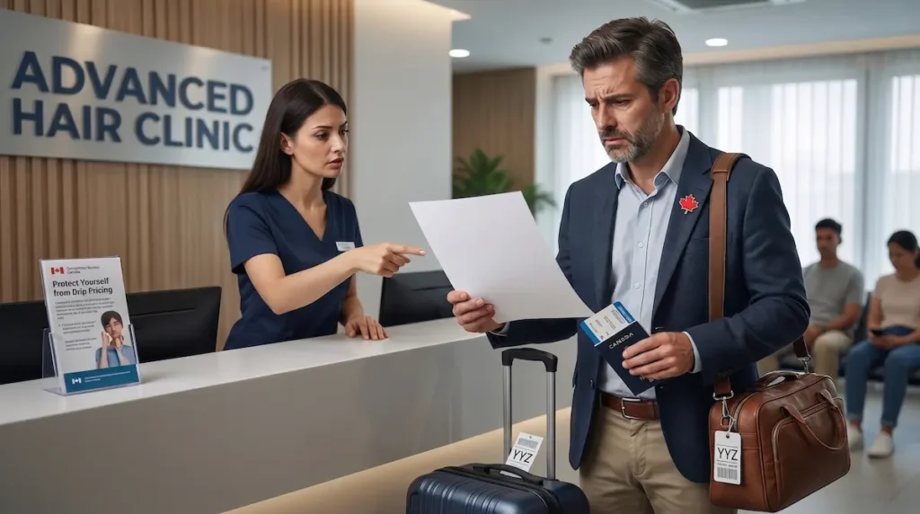Best hair transplant clinics fixed price image showing a Canadian patient reviewing a surprise quote at a hair clinic desk.