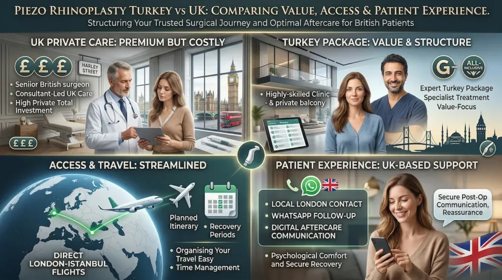 Piezo rhinoplasty Turkey infographic comparing UK and Turkey for cost, access, aftercare, direct flights and patient support.