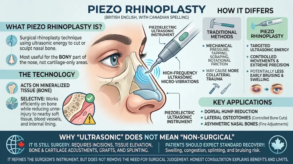 Piezo rhinoplasty Turkey infographic explaining ultrasonic nasal bone sculpting and how Piezo differs from traditional methods.